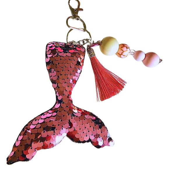 Sequin Plush Pink Mermaid Tail Keychain, Silk Tassel, Bead Purse Charm Backpack - Picture 1 of 1